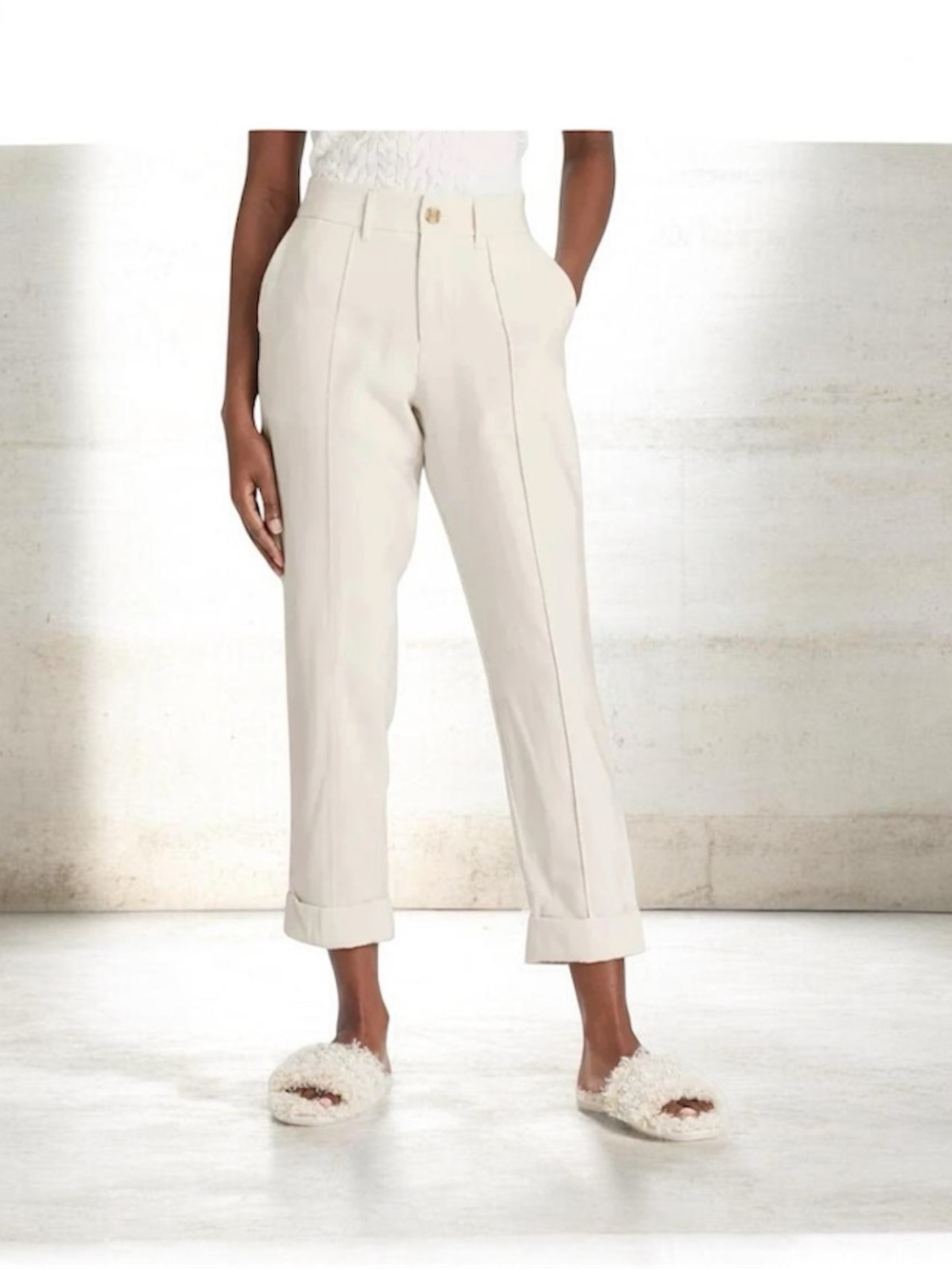 🌸A New Day Pants Cropped Ivory Straight Elastic Waist Cuffed Hem 10